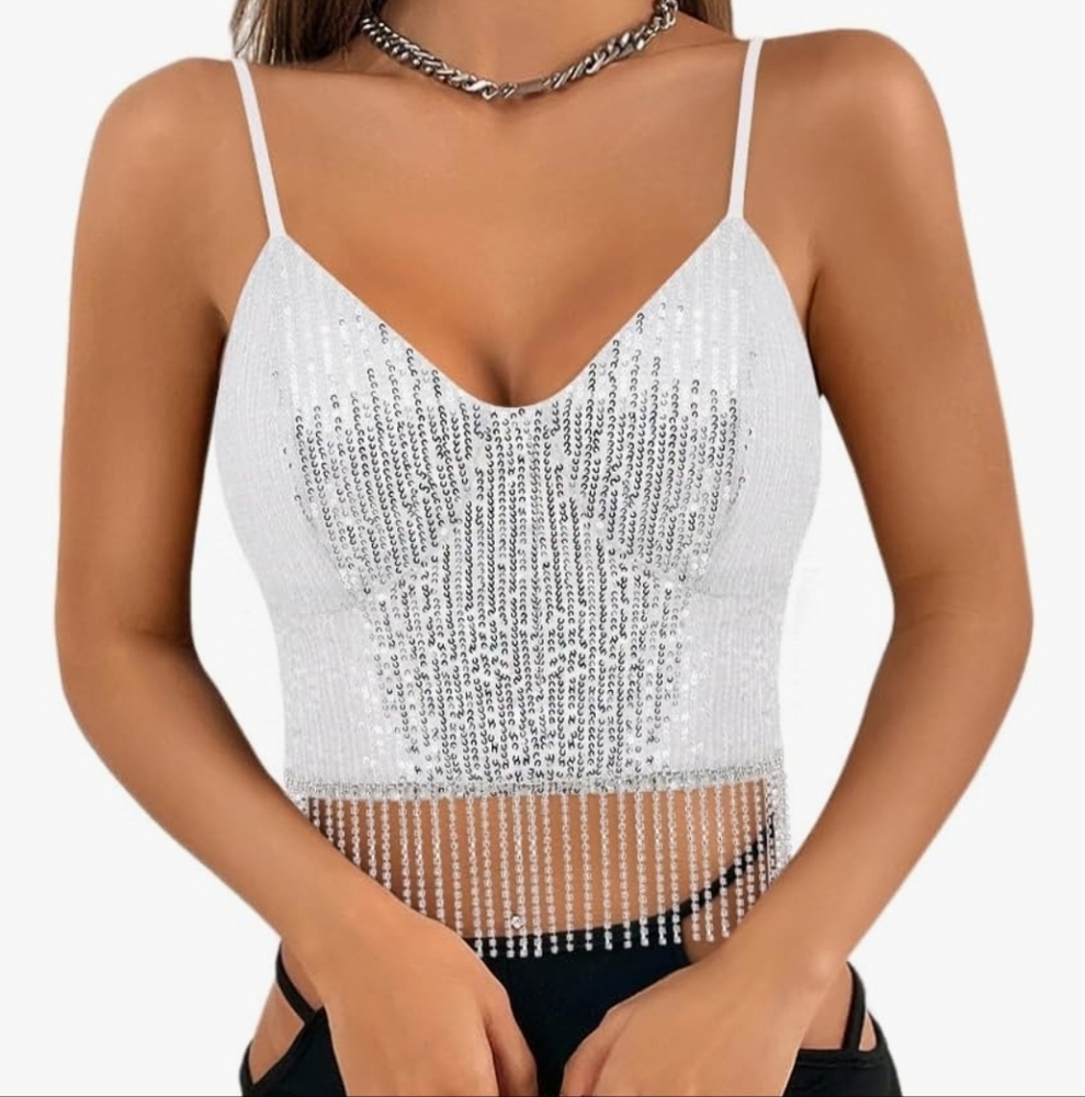 White + Silver Sequin Women's Top